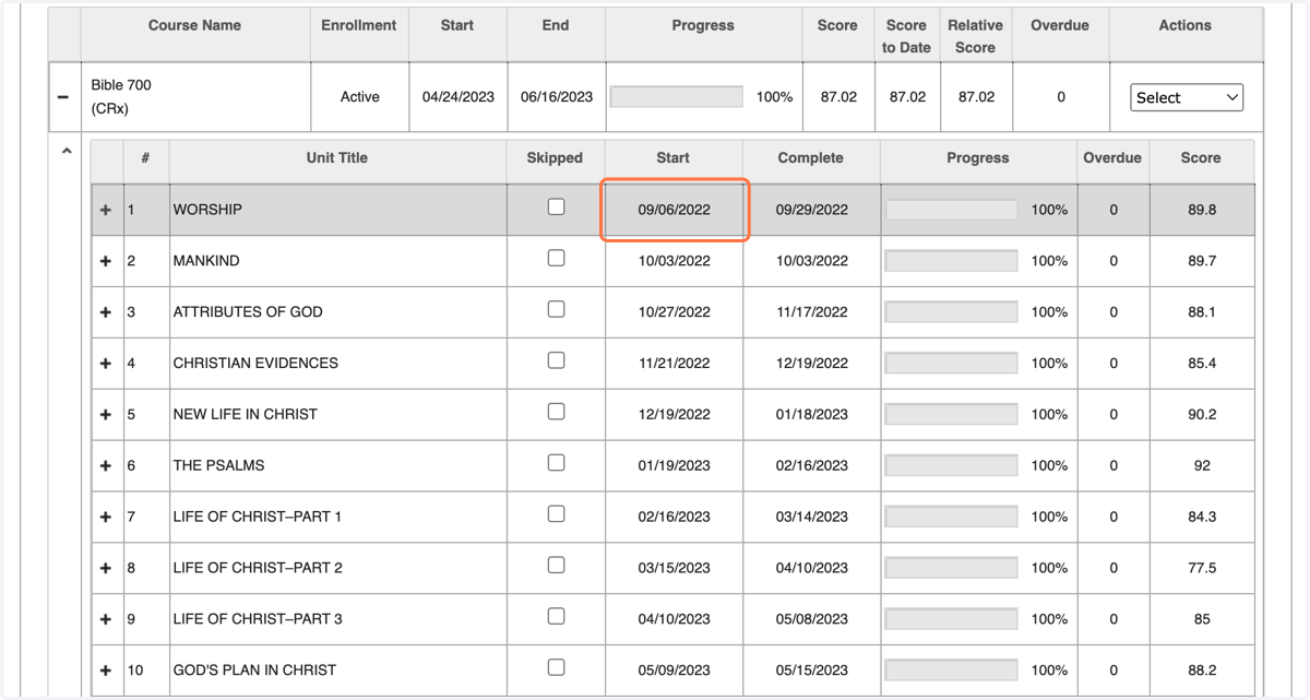 For the course start date, use the start date from the first unit