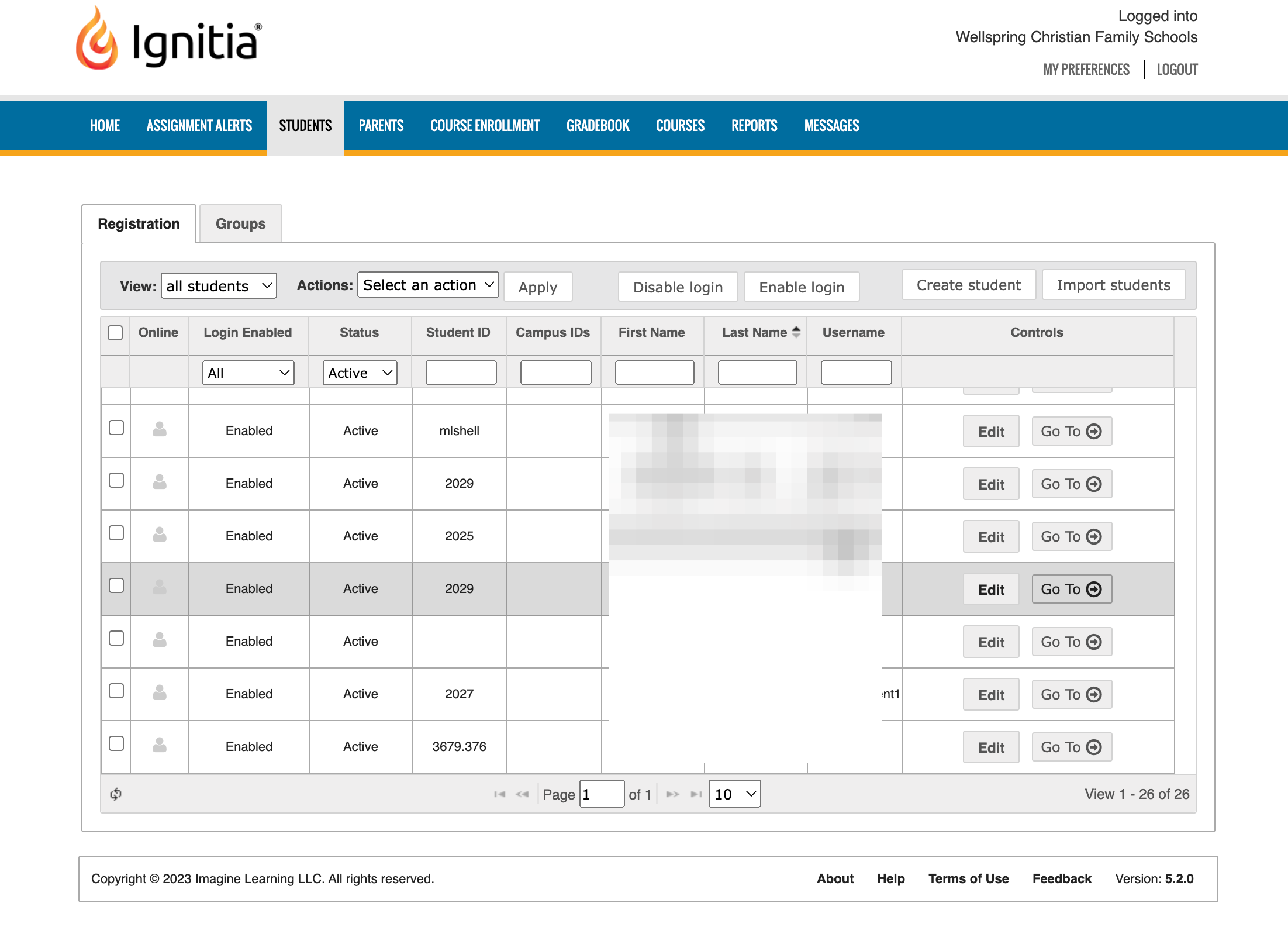 Find your student, and click on Go To