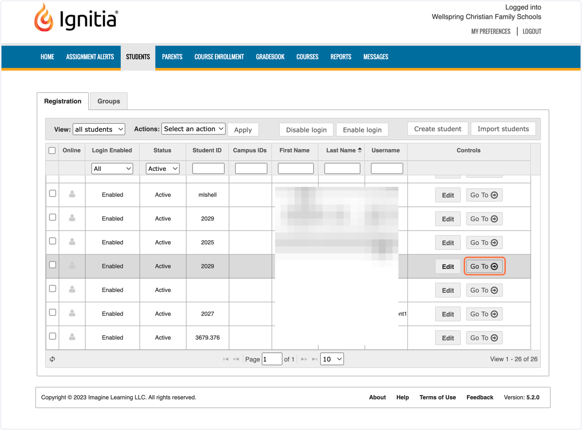 Find your student, and click on Go To