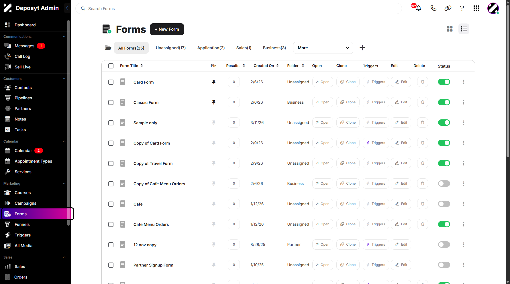 Step 1: On your Dashboard, navigate to the Forms tab under the Marketing section.