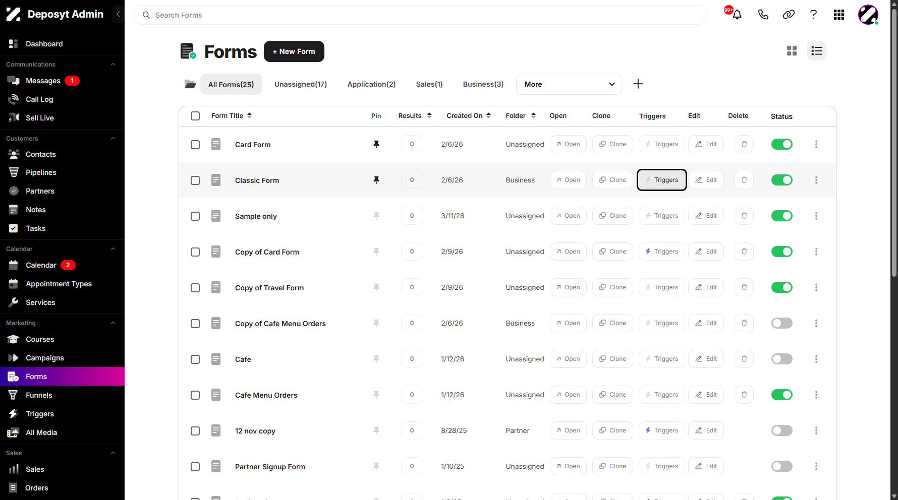 Step 3: Select a form, hover over it, and click the Trigger button to proceed.