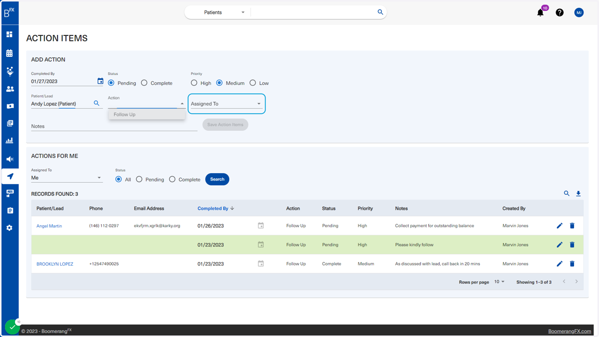 The user can also specify who from the staff the action item will be assigned to
