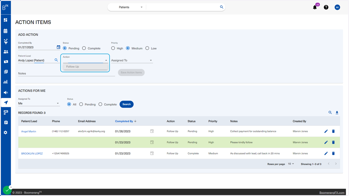 After choosing the associated contact, the user will select the appropriate action