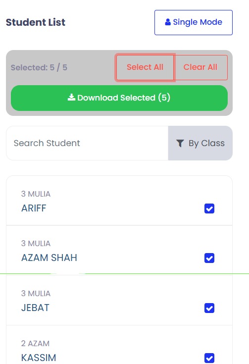Tandakan nama pelajar yang ingin dimuat turun, kemudian tekan ‘Download Selected’ untuk muat turun semua sekali gus.
