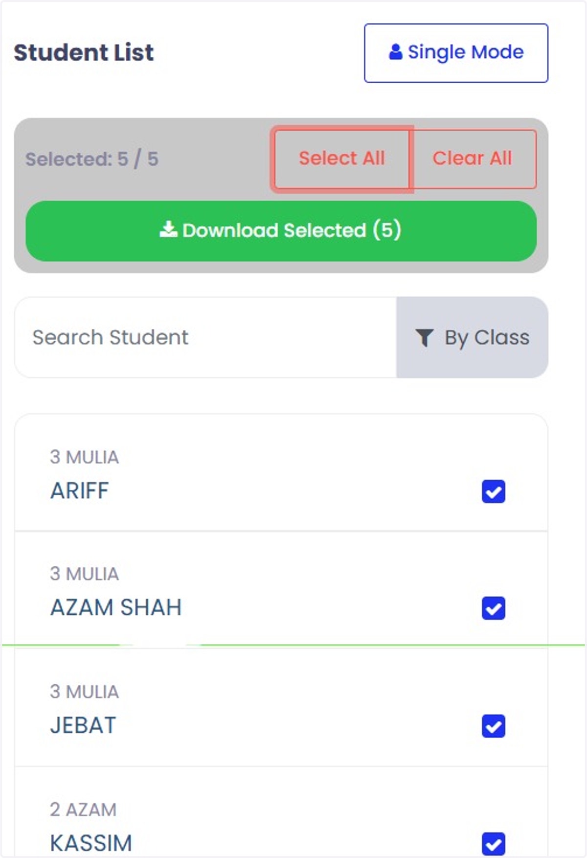 Tandakan nama pelajar yang ingin dimuat turun, kemudian tekan ‘Download Selected’ untuk muat turun semua sekali gus.