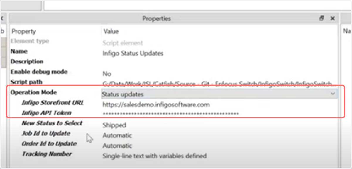 Set flow element operation mode to Status Updates and configure the required API data