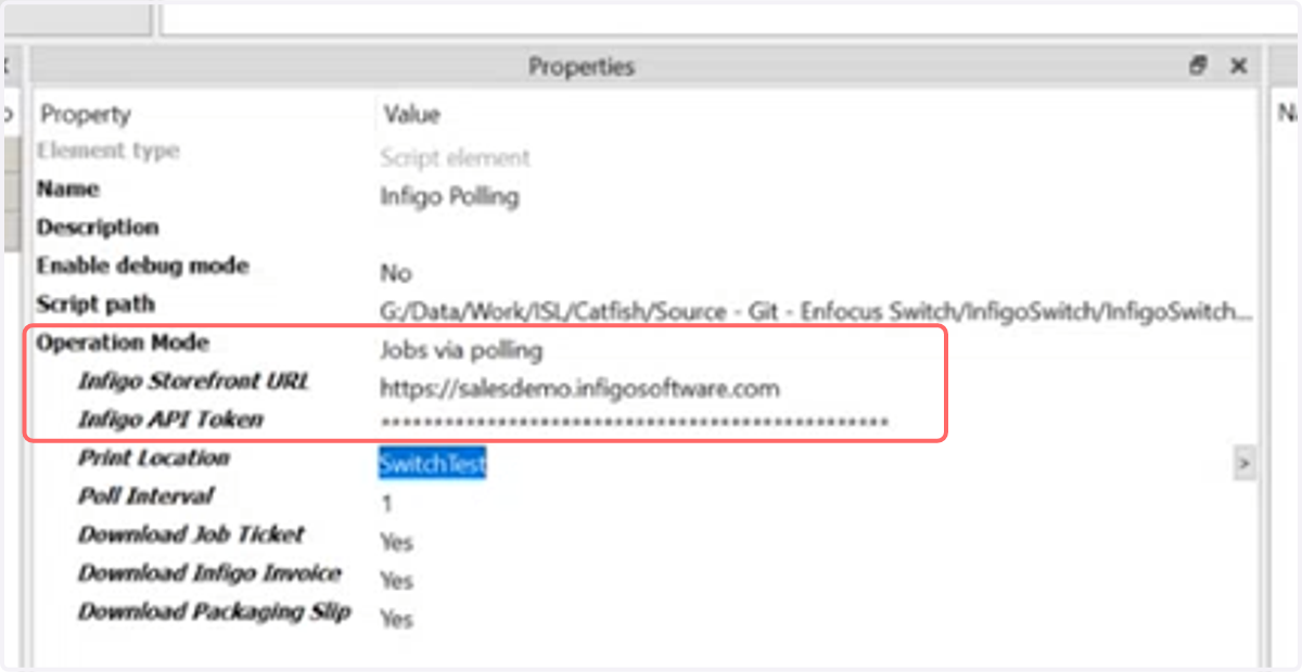 Configure the Infigo Connect flow element to utilise the Jobs via Polling operation mode and configure the required API data