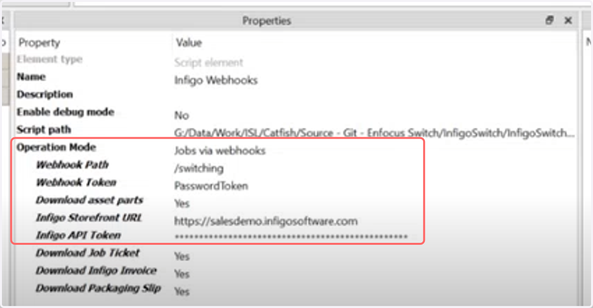 Set flow element operation mode to Jobs via webhooks and configure the required API data