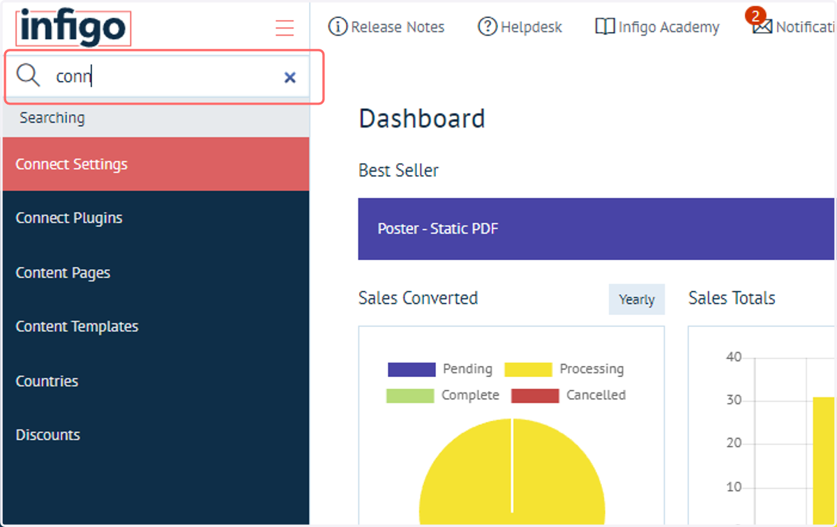 Next, we will ensure our Connect: Switch plugin is configured within our Infigo platform. Within Infigo admin, navigate to Connect Settings