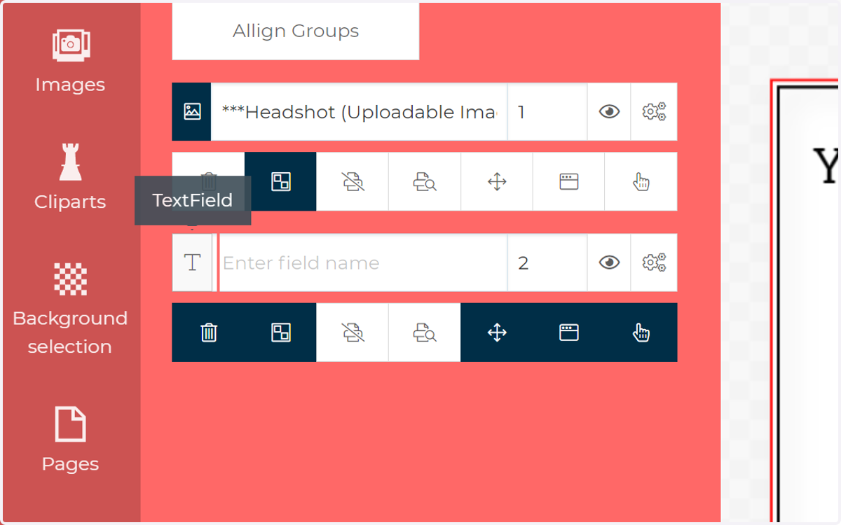 Click the field icon to select the field on the canvas