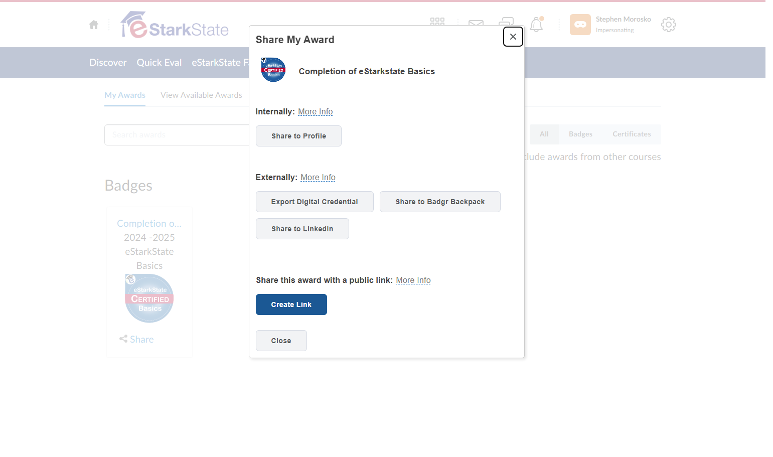 You see that awards can be shared to LinkedIn and other digital badging solutions. For this example, we want to share the badge via a web link. Click on Create Link button.