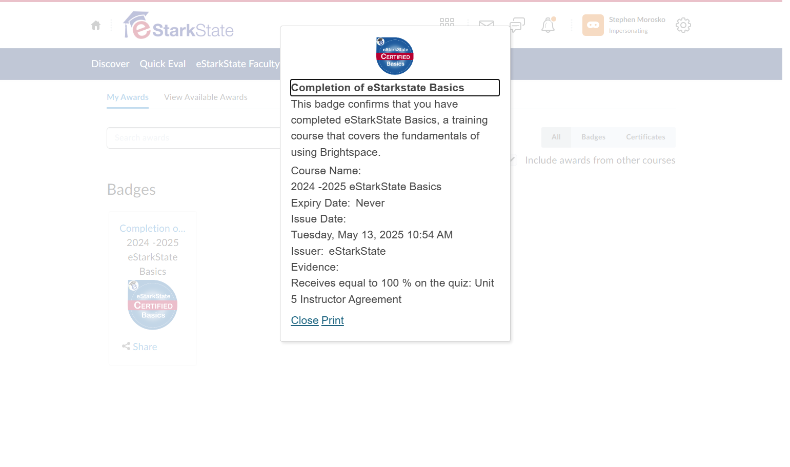 Clicking the link allows you to print the award.