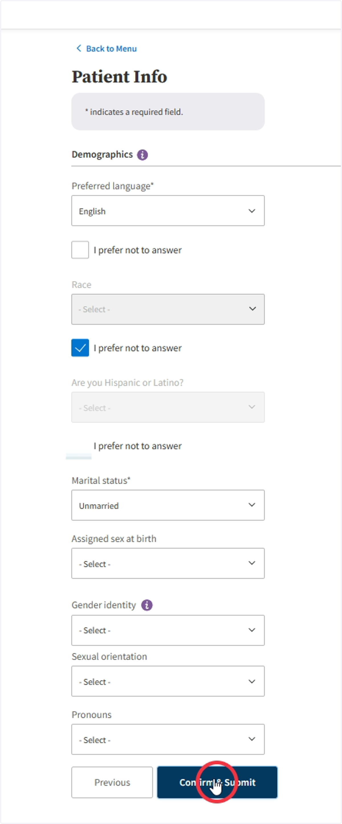 Continue to check the rest of your Patient Info and click Confirm & Submit.