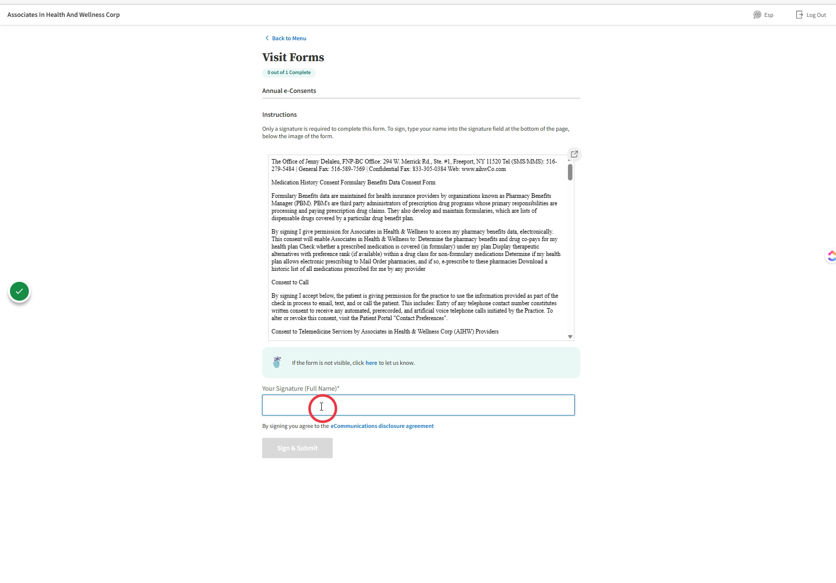 Read through the Visit Forms (e.g, eConsents, screenings, etc.) and enter your Full name in the "Your Signature" field.