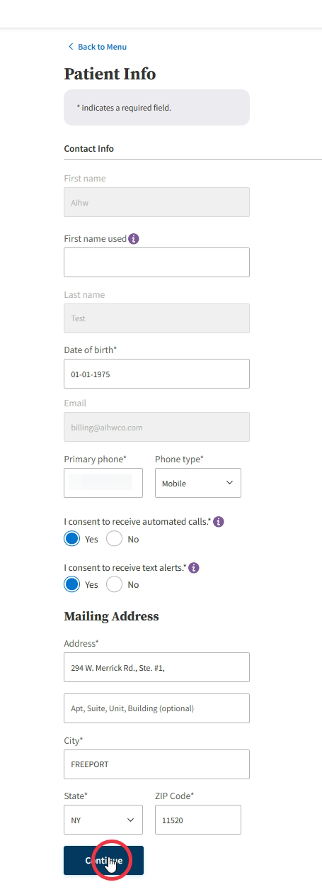 Check your Patient Info and click Continue.