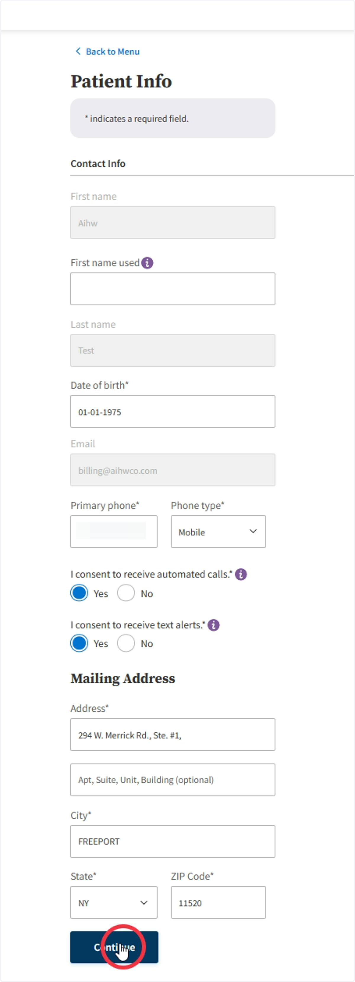 Check your Patient Info and click Continue.