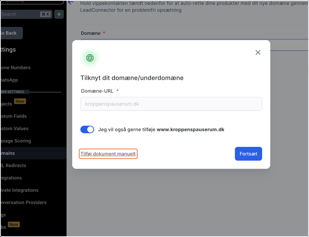 Klik på Tilføj dokument manuelt