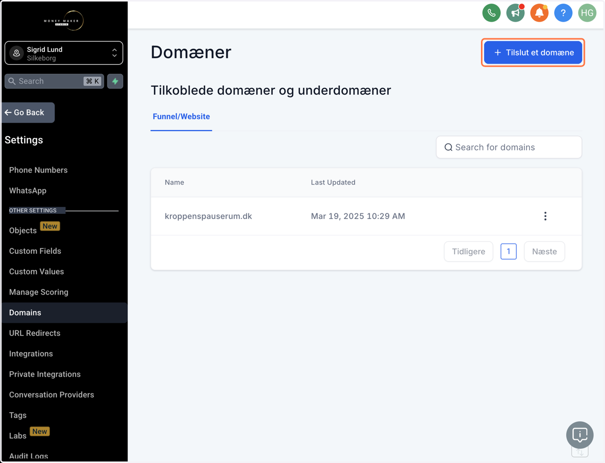 Klik på Tilslut et domæne