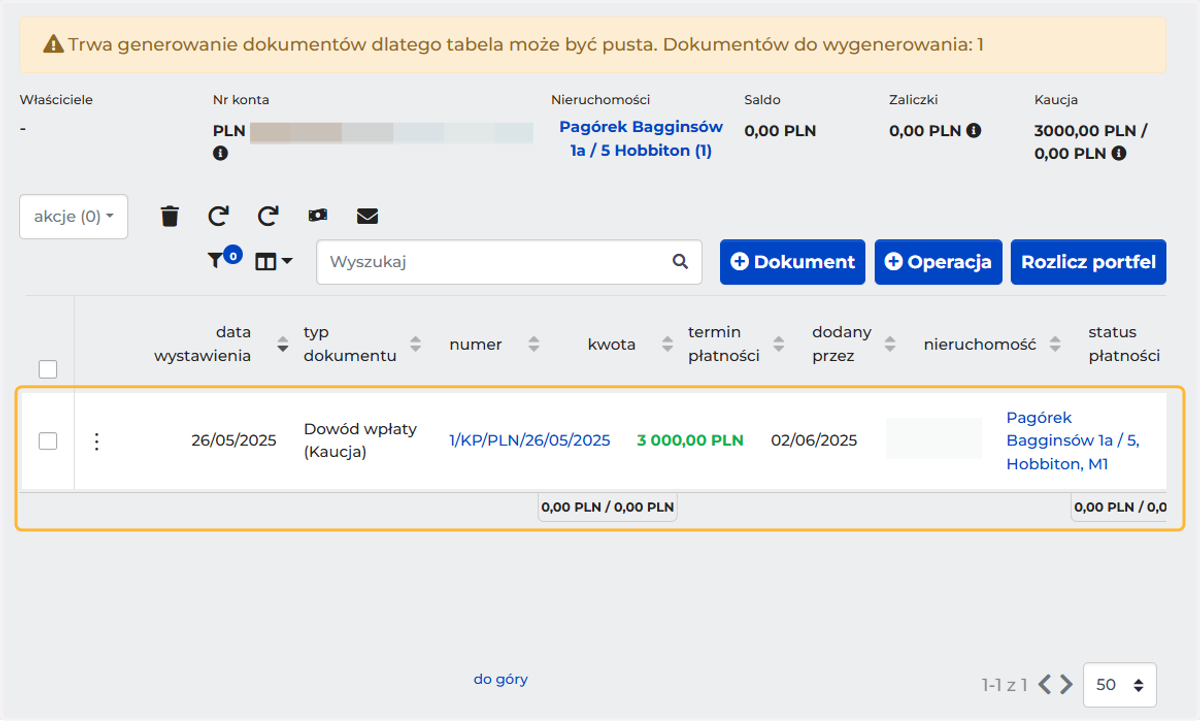 W zakładce finanse system wygeneruje dowód wpłaty