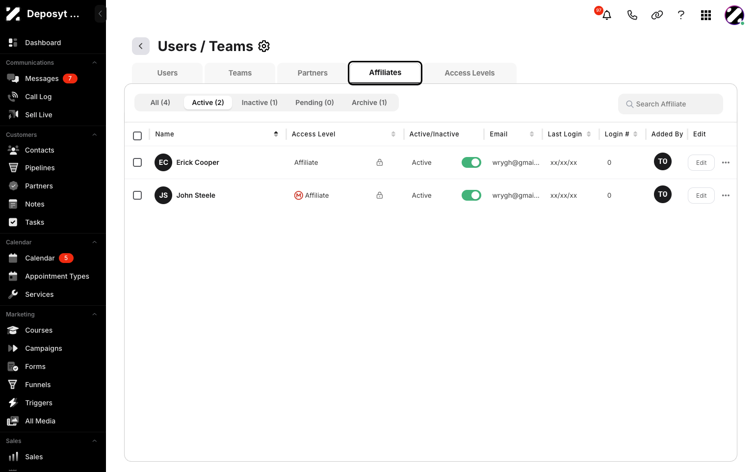 Step 4: Click on the Affiliates tab to view and manage the Affiliates section.