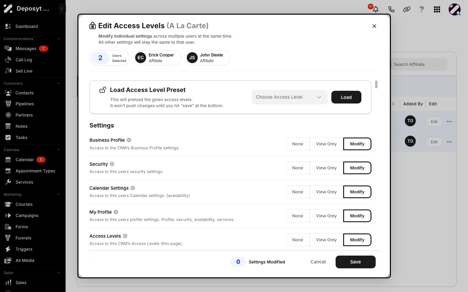 Step 8: A pop-up will appear where you can specifically alter each setting to None, View Only, or Modify. Click Save when you are done.