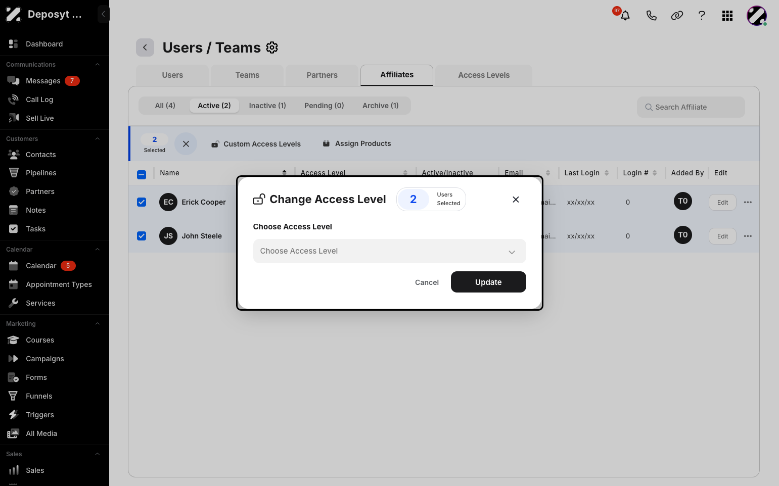 Step 9: The second option is Change Access Level. Click on the Change Access Level option. A pop-up will appear where you can select a pre-made access level. Click the Update button to save the change.