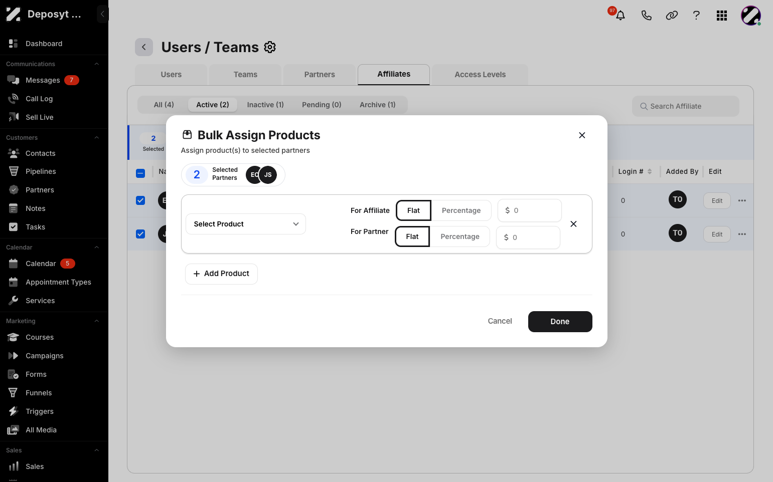 Step 12: From here, you can select the product, choose either Flat or Percentage, and enter the rate. Click Done when finished.