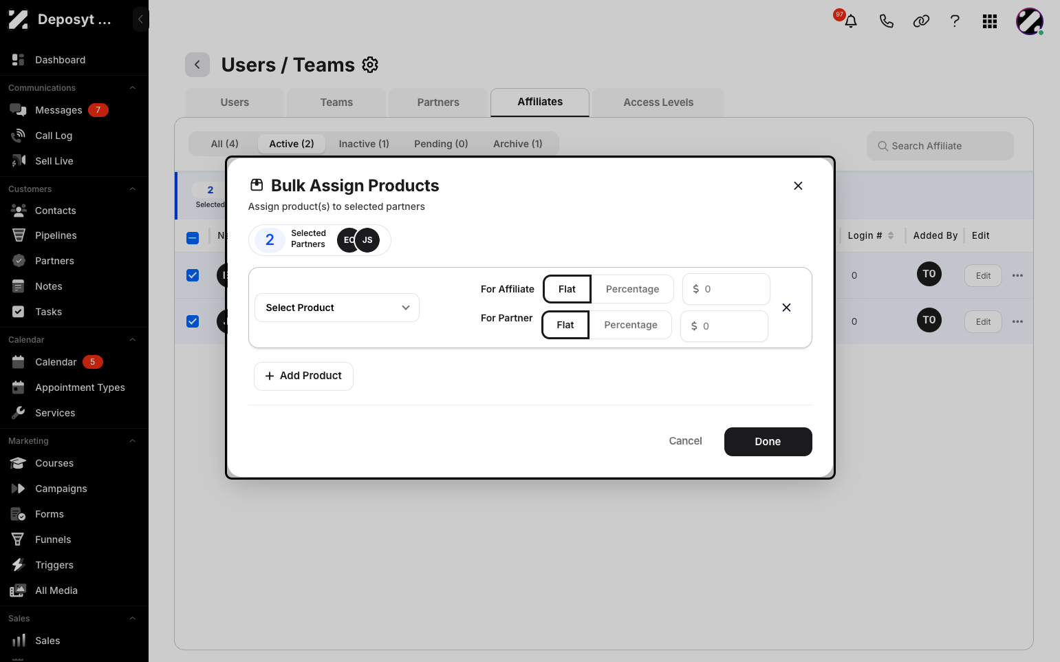 Step 12: From here, you can select the product, choose either Flat or Percentage, and enter the rate. Click Done when finished.