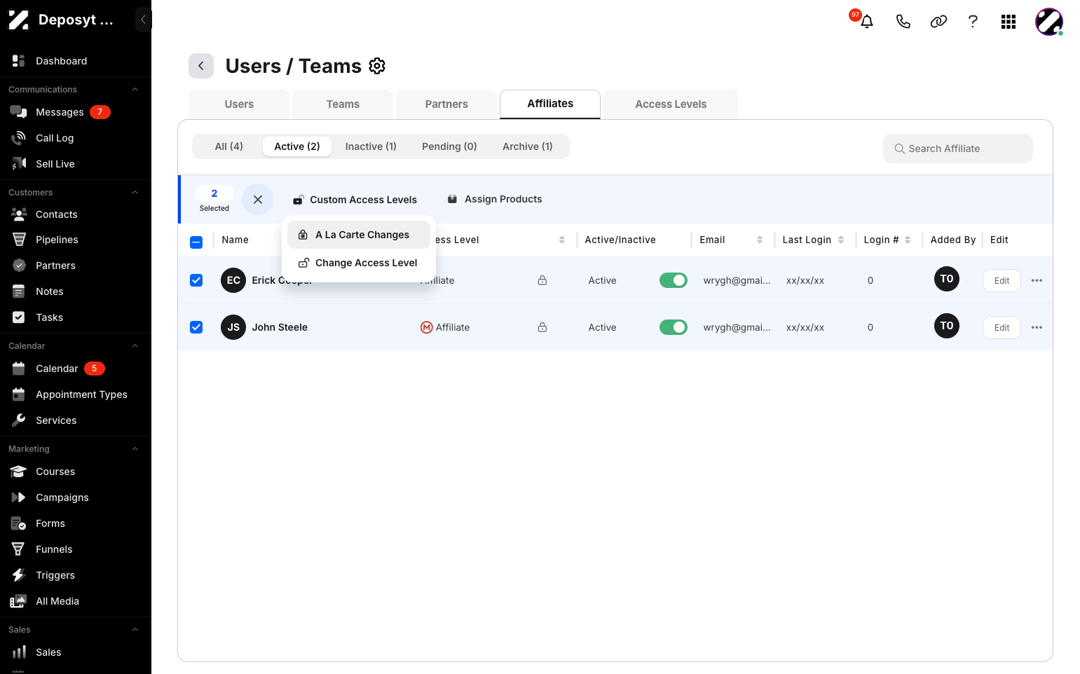 Step 7: There are two ways to customize the access level: A La Carte Changes or by simply selecting a pre-made access level. Click on A La Carte Changes.