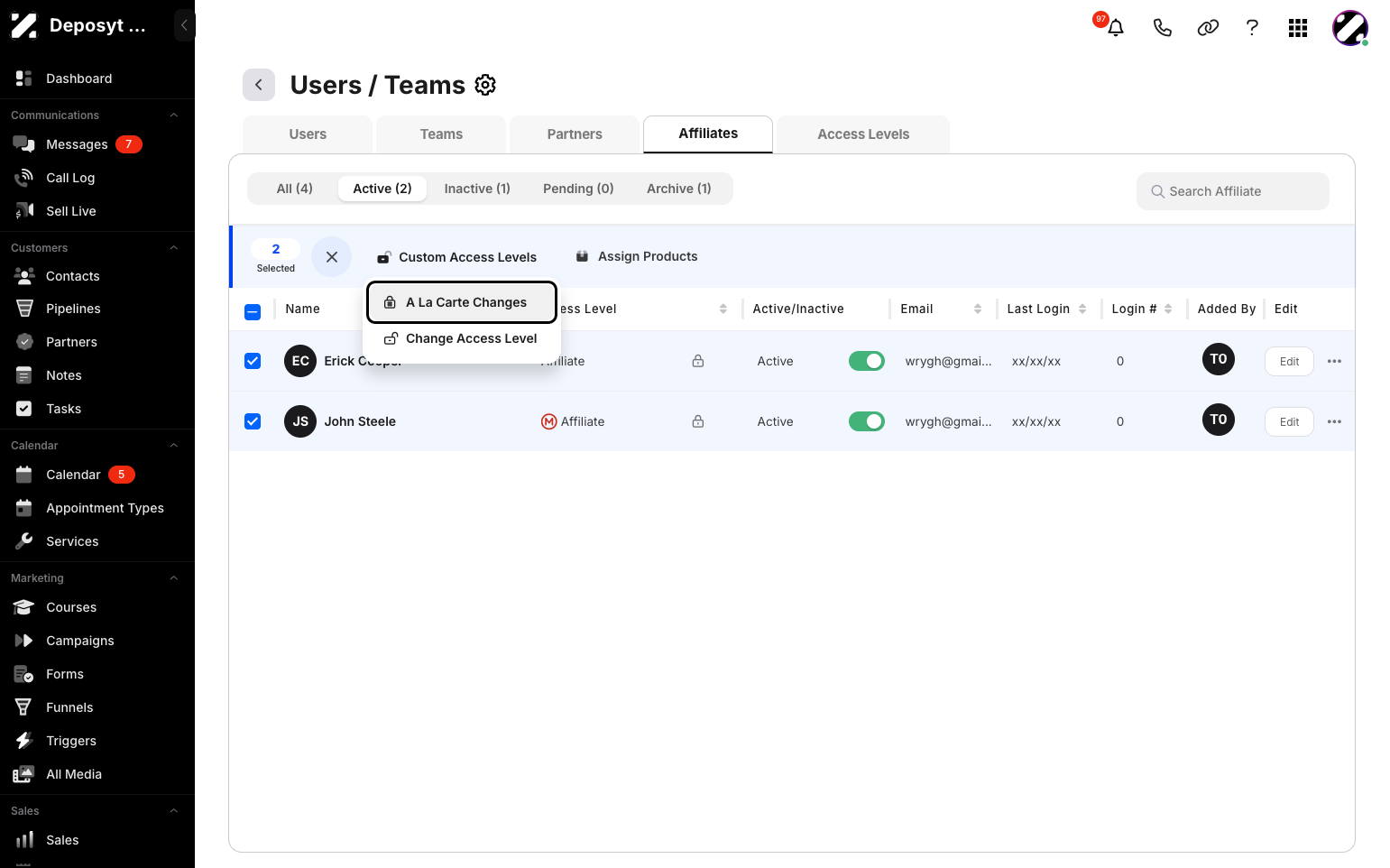 Step 7: There are two ways to customize the access level: A La Carte Changes or by simply selecting a pre-made access level. Click on A La Carte Changes.