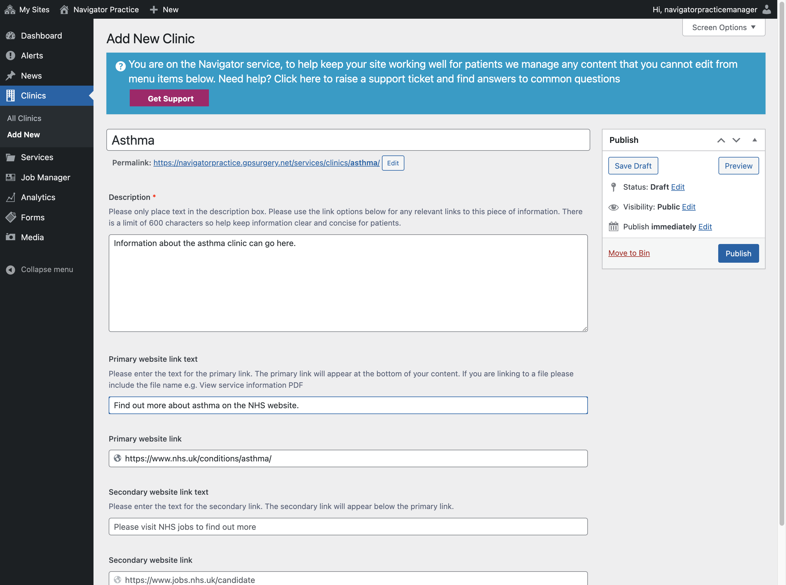 The Primary website link text box with "Find out more about asthma on the NHS website." typed.