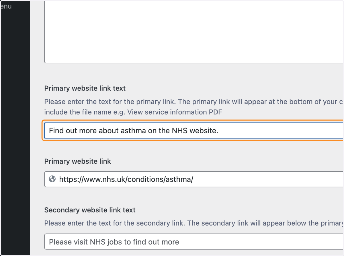 The Primary website link text box with "Find out more about asthma on the NHS website." typed.