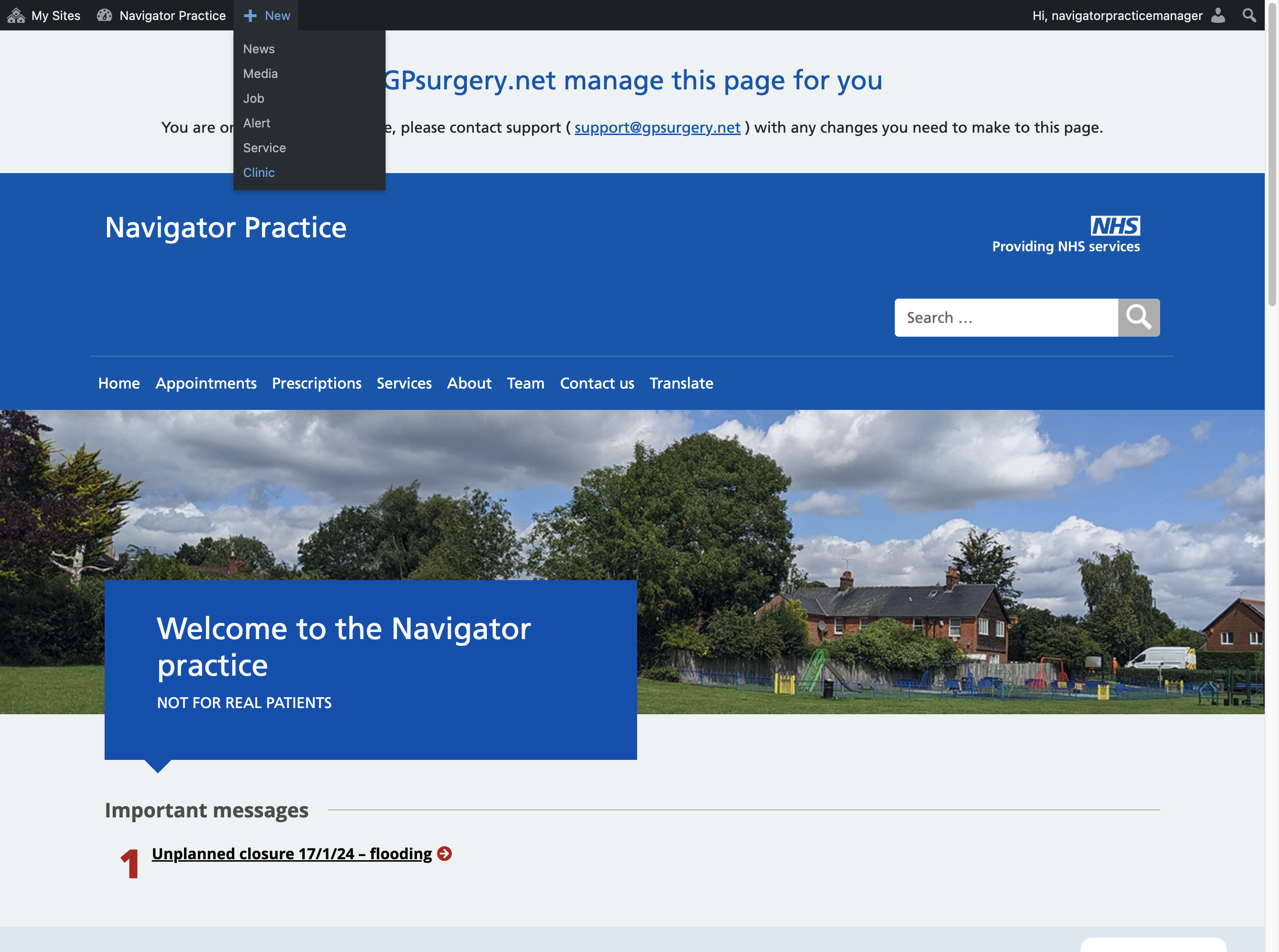 The +New drop-down with Clinic highlighted