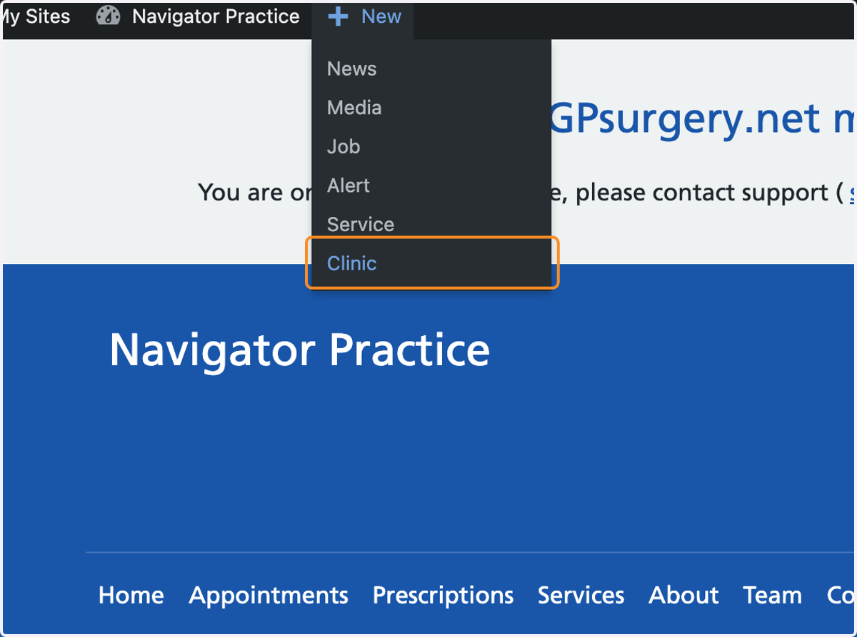 The +New drop-down with Clinic highlighted