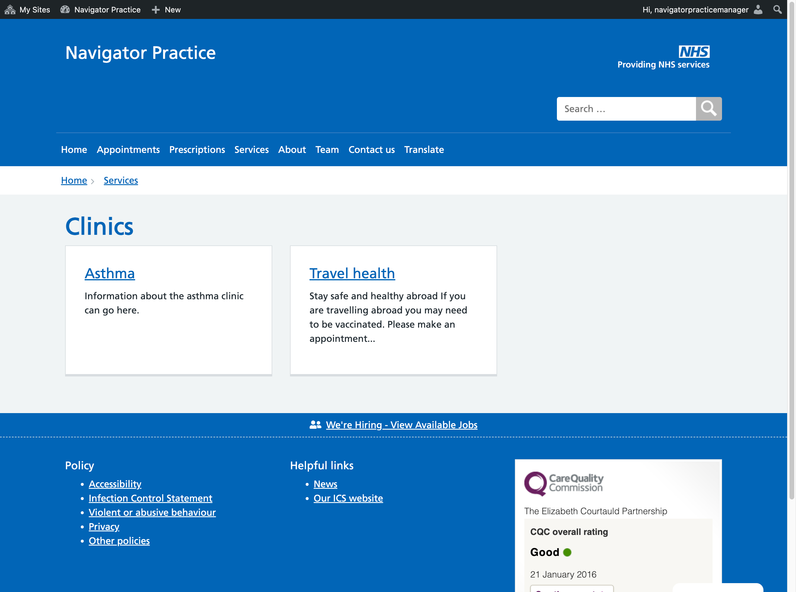 The Clinics section of the website with the new Asthma clinic displayed.