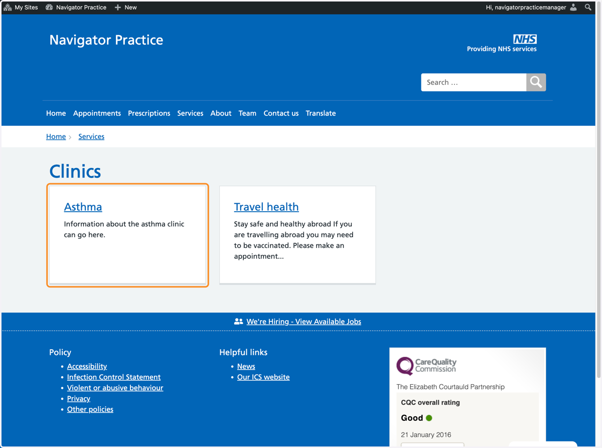 The Clinics section of the website with the new Asthma clinic displayed.