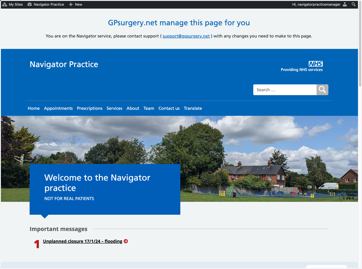 The Home page of a Navigator website with the admin toolbar visible at the top of the page.