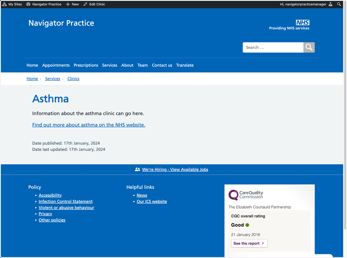 The individual page for the new Asthma clinic.