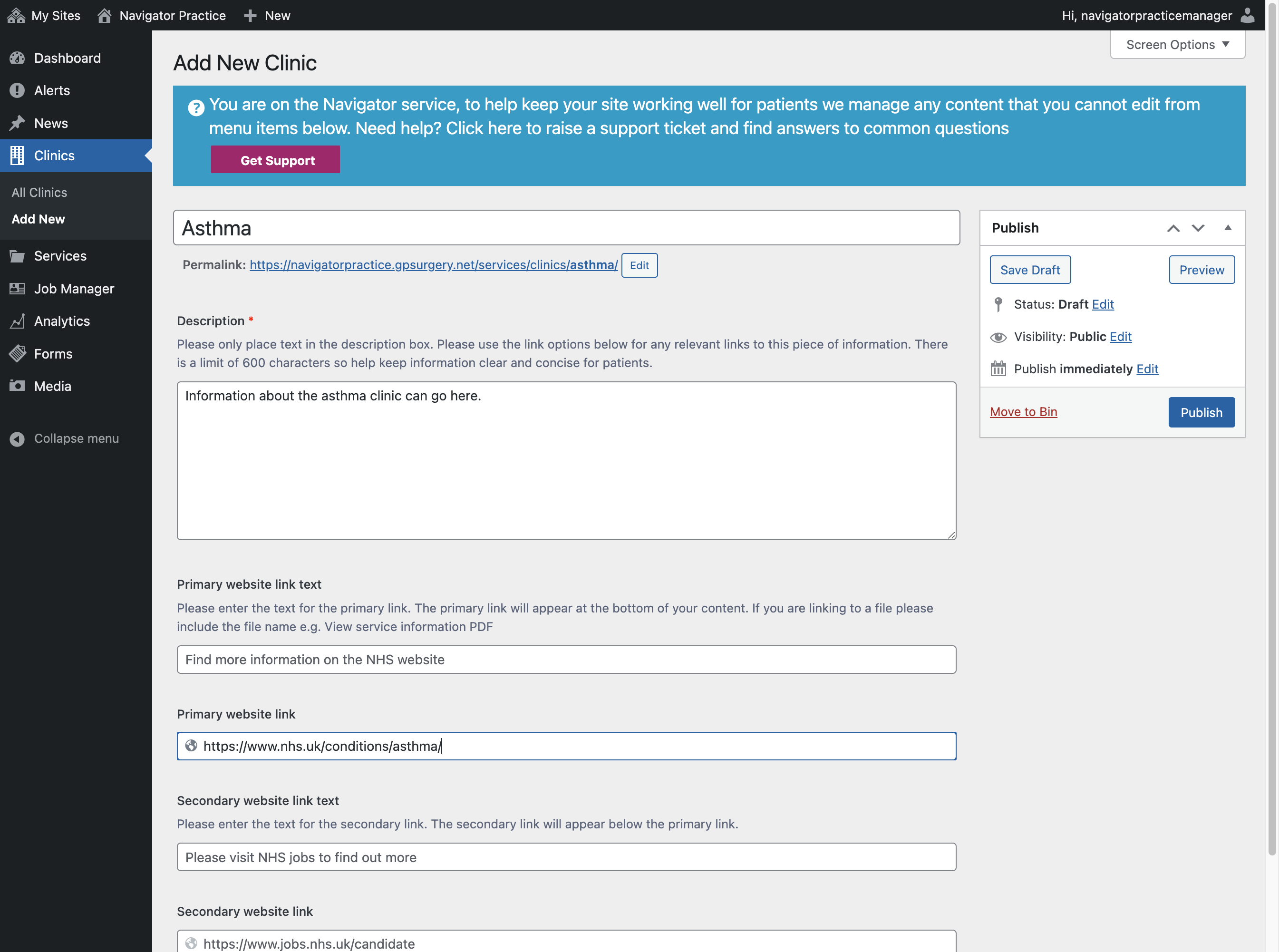 The Primary website link box with "https://www.nhs.uk/conditions/asthma/" typed.