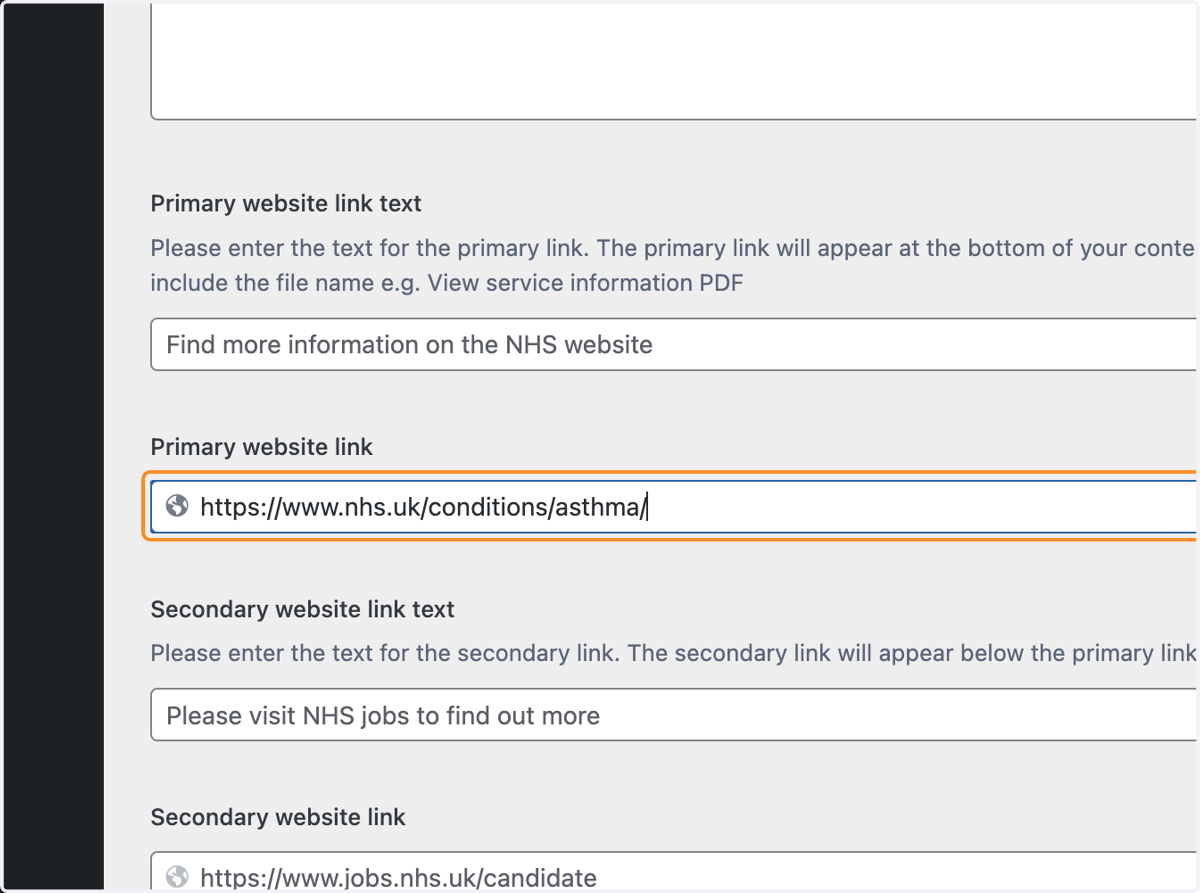 The Primary website link box with "https://www.nhs.uk/conditions/asthma/" typed.