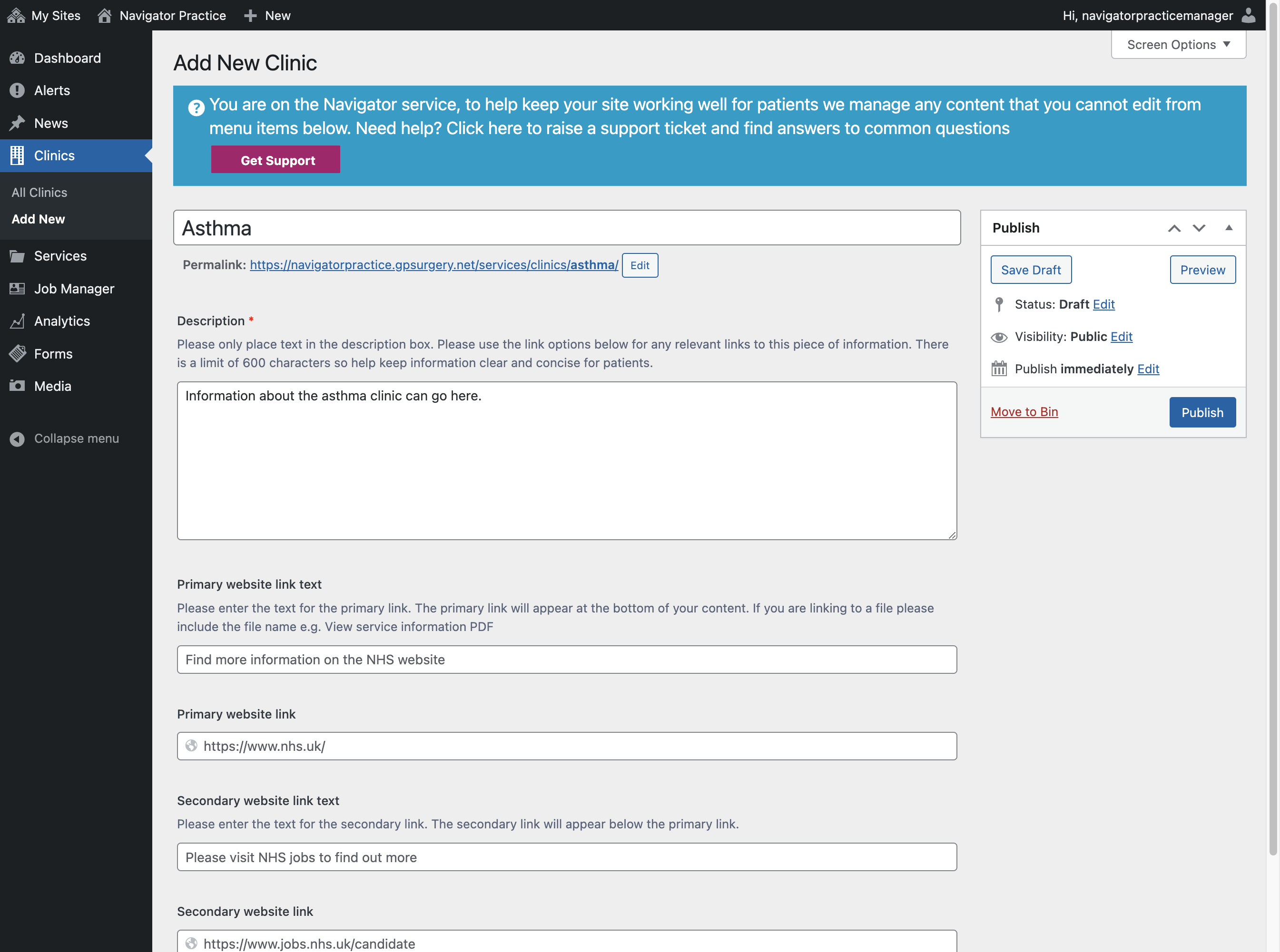 The Description box with "Information about the asthma clinic can go here." typed.