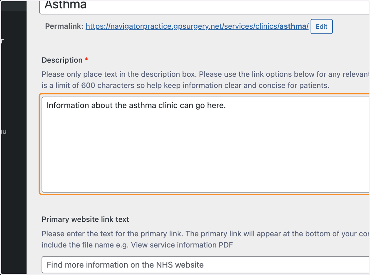The Description box with "Information about the asthma clinic can go here." typed.