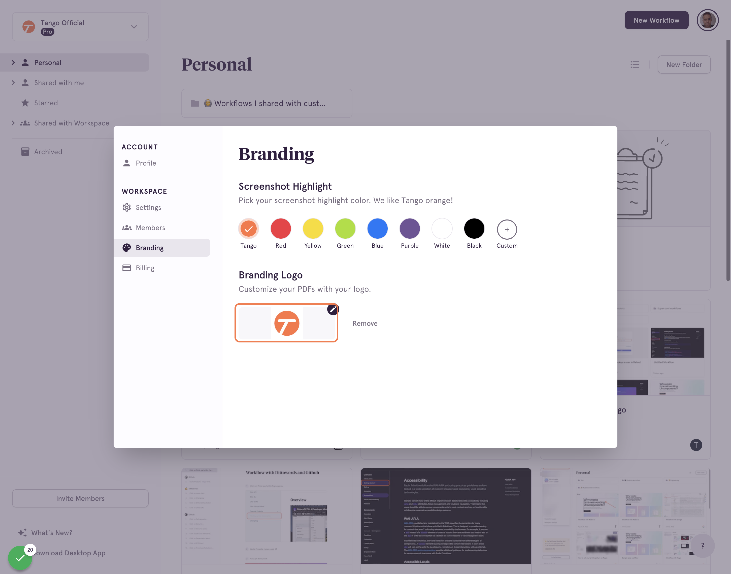 The Branding section lets Pro users customize their logo for exports as well as choose custom colors for the highlighter during capture.