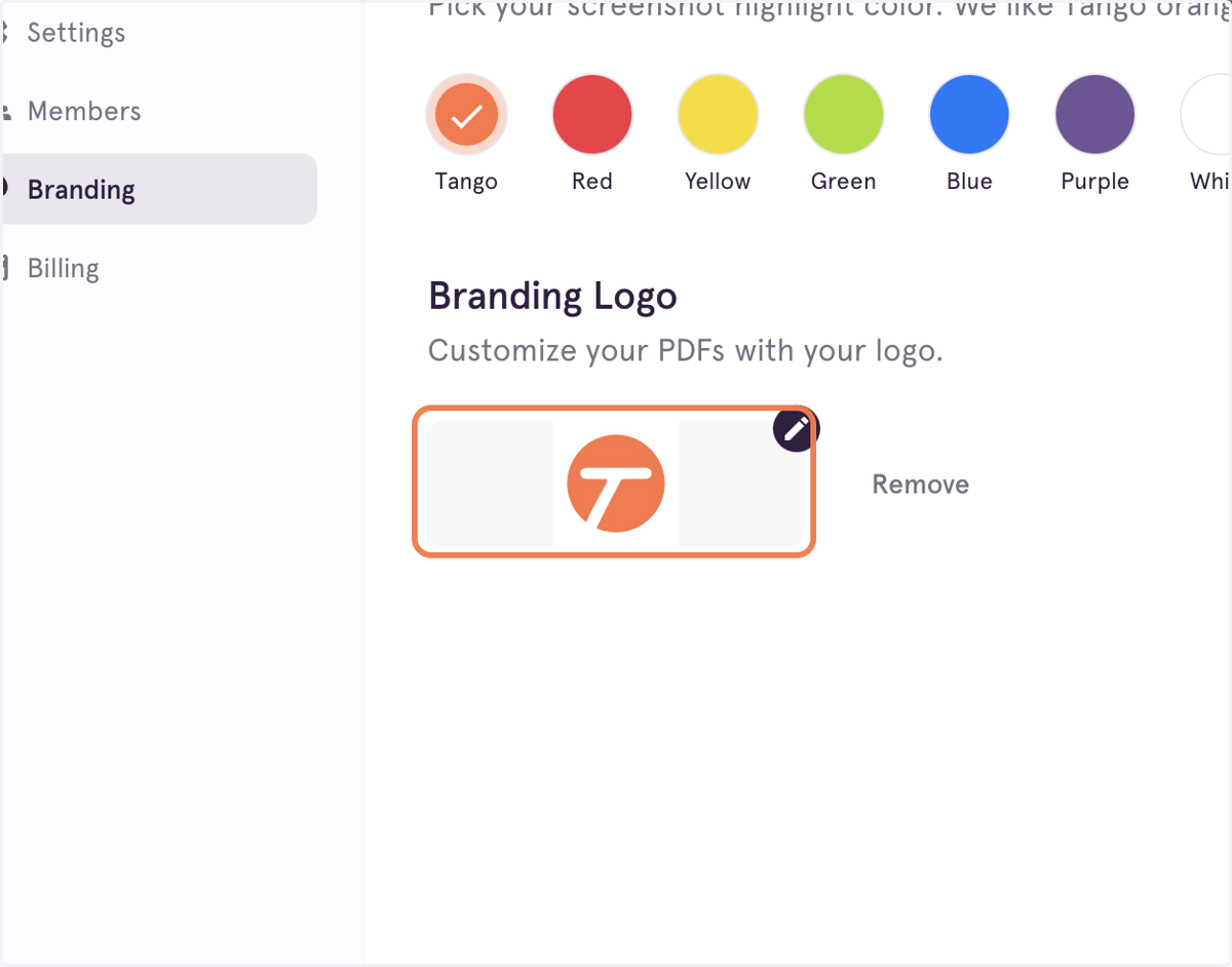 The Branding section lets Pro users customize their logo for exports as well as choose custom colors for the highlighter during capture.