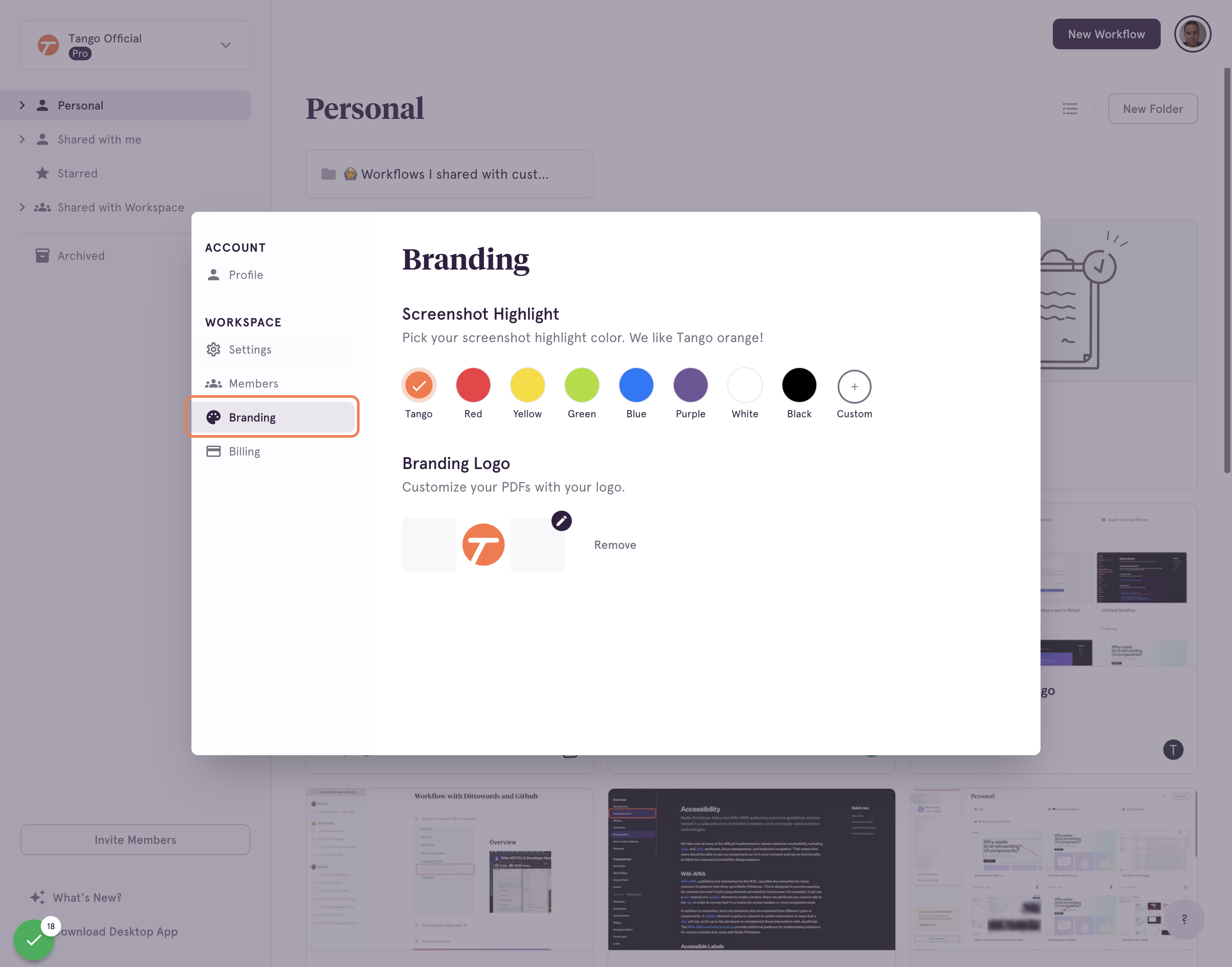 Pro users and Enterprise Admins can click on Branding to upload their brand logo, for customized PDF exports