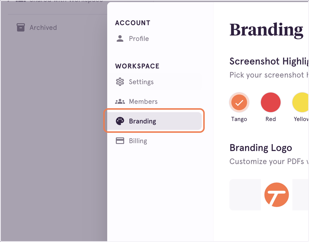 Pro users and Enterprise Admins can click on Branding to upload their brand logo, for customized PDF exports