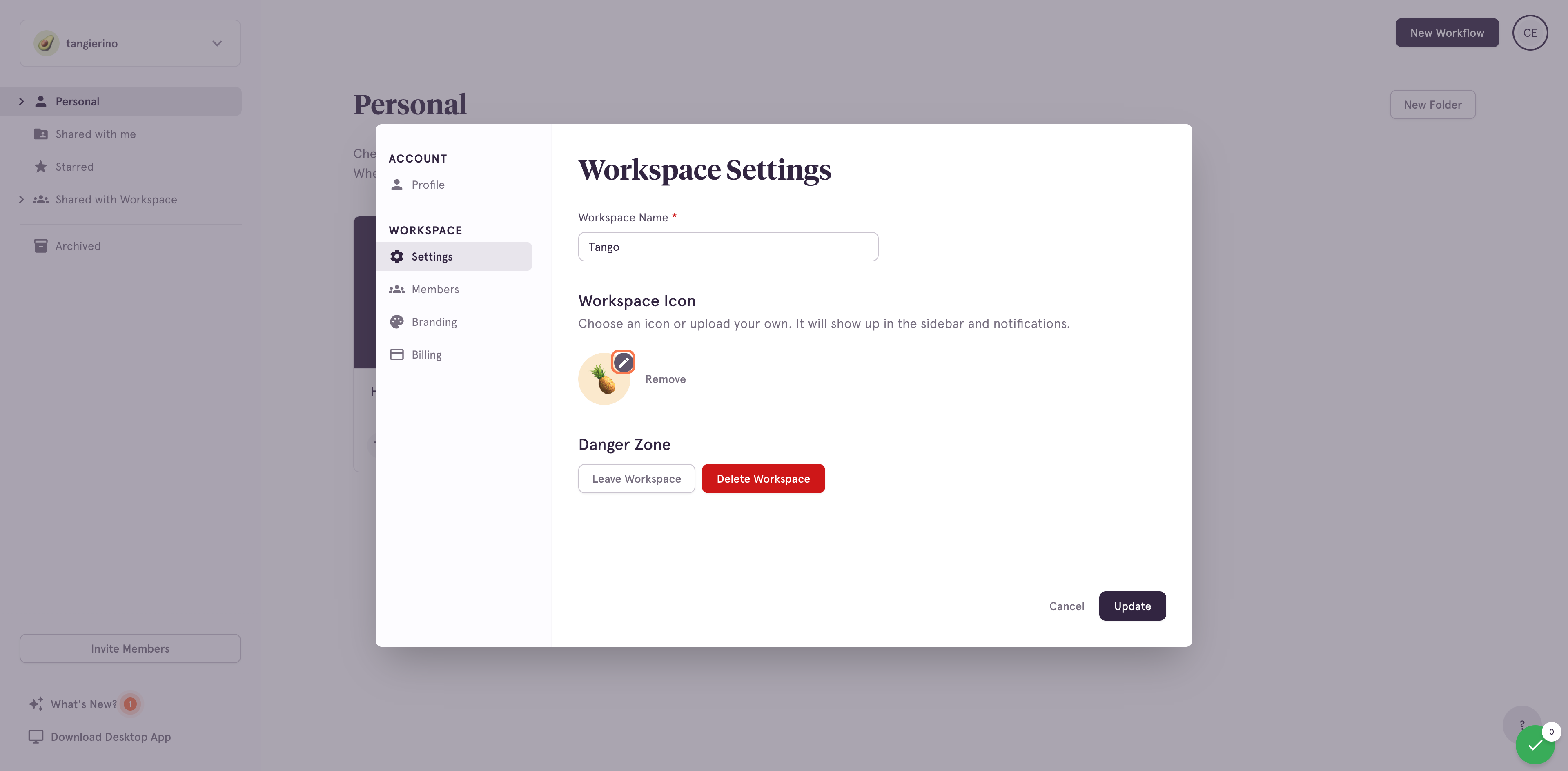 Click on Update Workspace icon