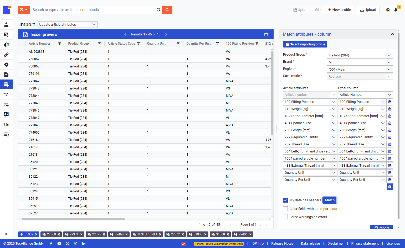 Click on Match attributes / column