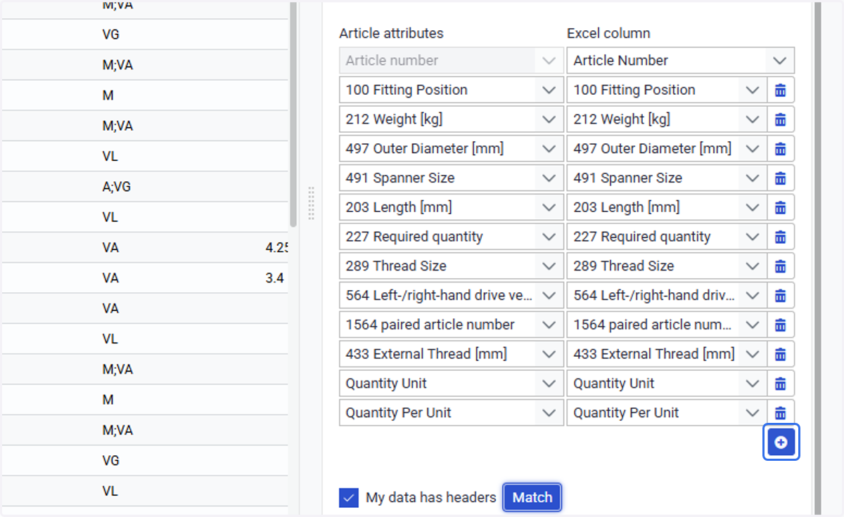 Click on Match attributes / column