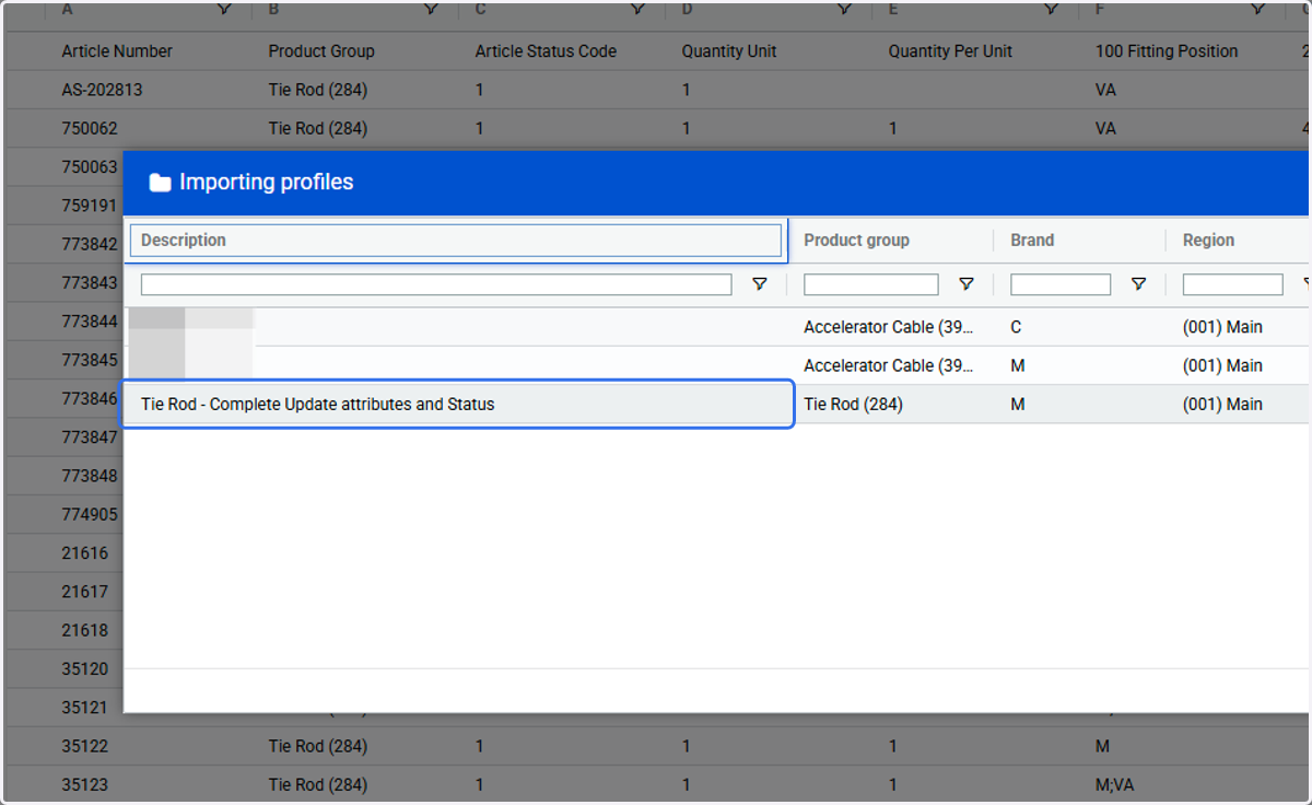 Click on Tie Rod - Complete Update attributes and Status
